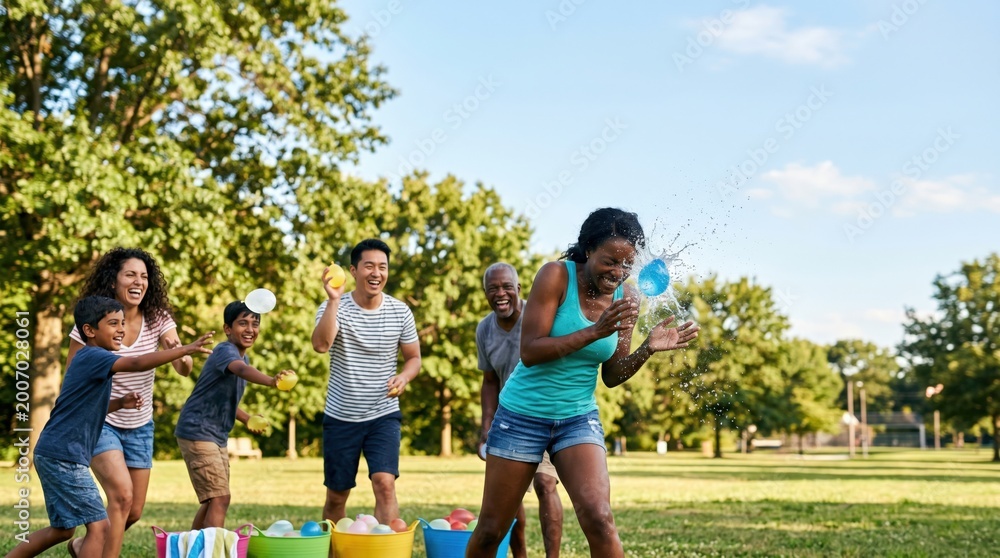Obraz premium Diverse Multi-Generational Family Having Fun Water Balloon Fight in Sunny Park