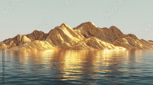 Golden Mountain Island Reflected: Majestic golden mountain island rises from serene water, reflecting the warm sunlight in a tranquil display of natural grandeur. Capturing the peace and harmony