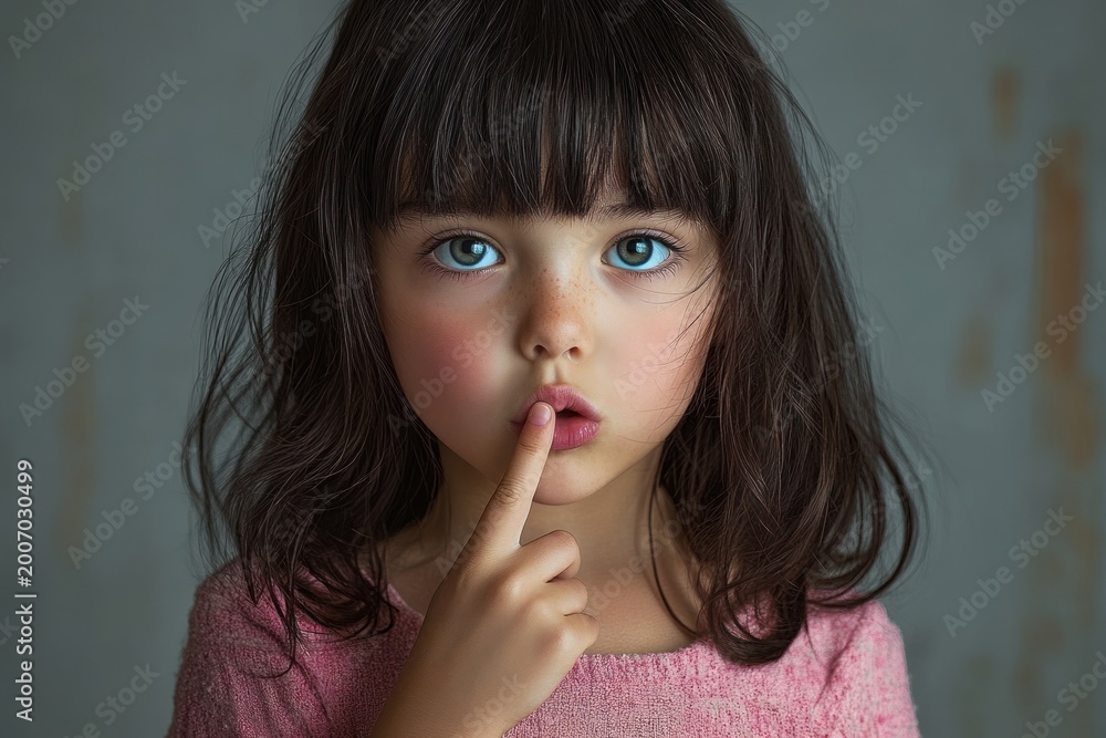 Naklejka premium young girl with long dark hair in a pink sweater holding a finger to her lips, face blurred, shy and contemplative mood