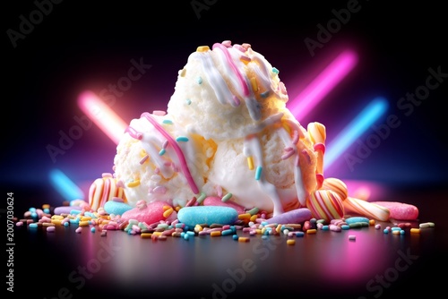 Futuristic Dessert Concept with Glowing Ice Cream and Colorful Sprinkles on Dark Surface