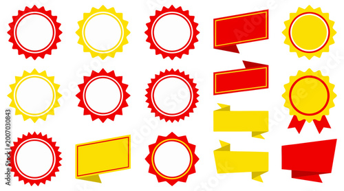 Multiple vibrant vector badge and banner illustrations featuring circular serrated shapes alongside rectangular folding ribbons for professional marketing design usage