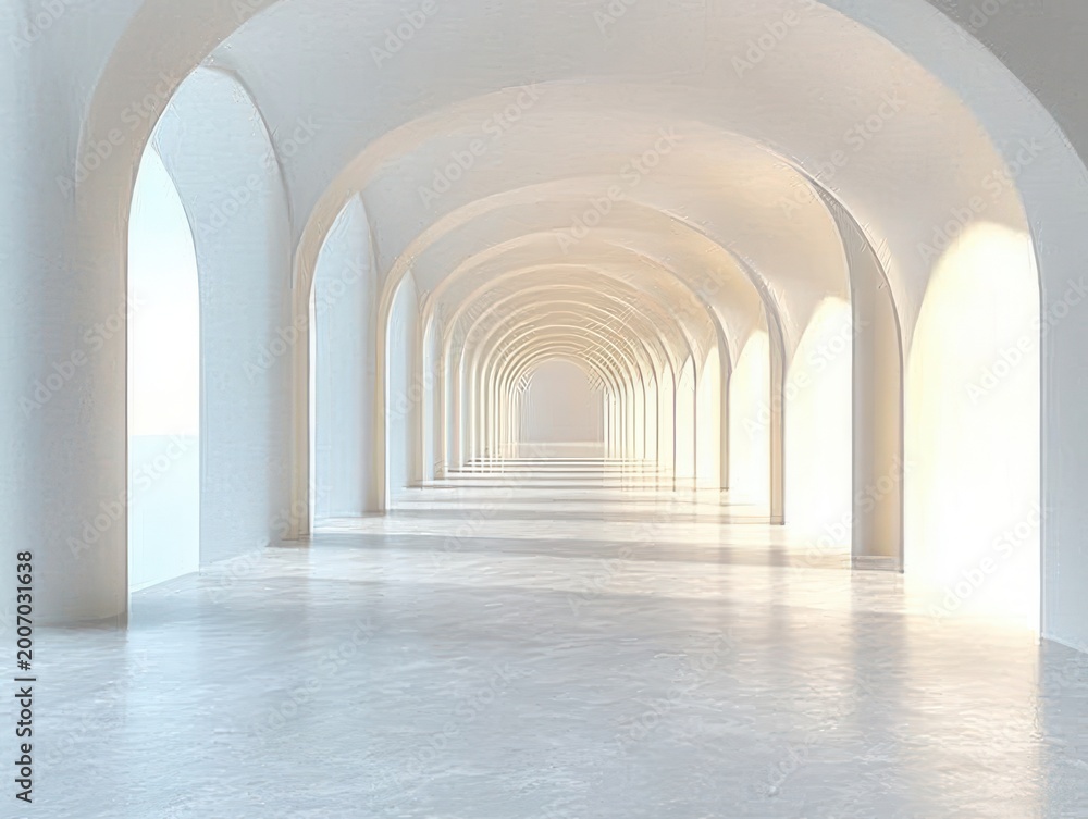 Obraz premium sunlit white arched corridor with repeating vaulted arches, arched openings and reflective polished floor conveying a calm, serene and infinite atmosphere
