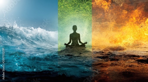 The Elements of Inner Peace: A symbolic representation of the elements – water, air, and fire – converging on a meditating figure, depicting harmony and inner peace.