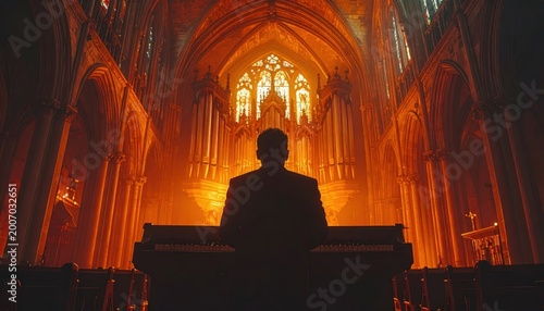 A lone organist plays a grand pipe organ in the dramatic, warmly illuminated interior of a majestic Gothic cathedral, bathed in a mystical glow from stained glass