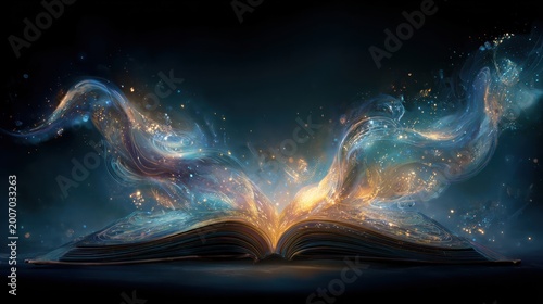Cosmic Revelation: An open book emanates streams of celestial energy, unveiling the wonders of the cosmos. Explore the convergence of literature, knowledge, and the infinite universe.