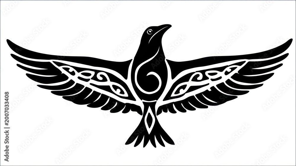 Fototapeta premium Mystical Raven Emblem: A stylized raven design with spread wings, elegantly adorned with intricate patterns, symbolizing freedom and the mysteries of the natural world.