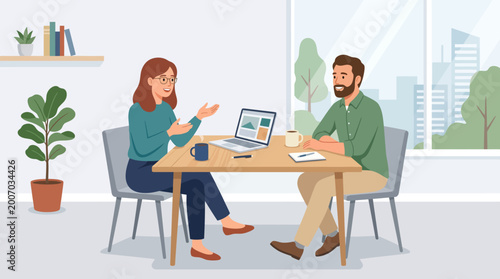 Business colleagues discussing project vector flat illustration in modern corporate office