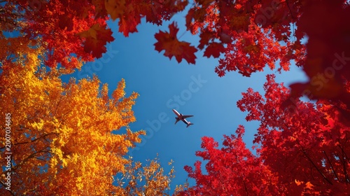 Autumn Flight: Capturing the beauty of the season, an airplane gracefully soars through the clear blue sky, framed by vibrant red and orange autumn foliage.