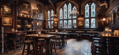 Cozy and historic pub interior with wooden tables and stained glass windows.