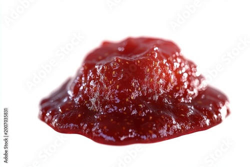 glossy dollop of strawberry jam with visible seeds and thick syrupy texture on white background, tempting and sweet