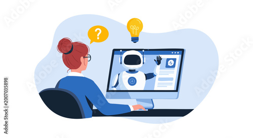 Tablou pe pânză A young professional woman is interacting with an advanced artificial intelligence robot via her desktop computer screen