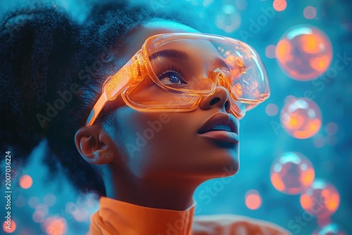 Young person with afro hair in orange turtleneck and retro goggles surrounded by glowing floating bubbles against a teal bokeh background, dreamy wonder