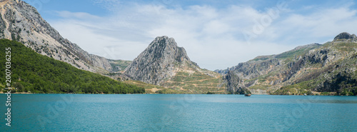 Obraz na plátne Panoramic Landscape view on green canyon Antalya Turkey with turquoise water mountain cliffs and green forest