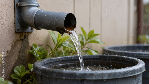 Tableau sur toile close up of rainwater flowing from drainpipe into collection barrel beside house