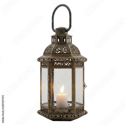 Vintage style antique bronze metal lantern with a lit candle inside.