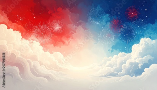 Abstract patriotic sky with vibrant red and blue hues merging above soft white clouds, illuminated by festive light bursts, creating a celebratory and dreamlike background