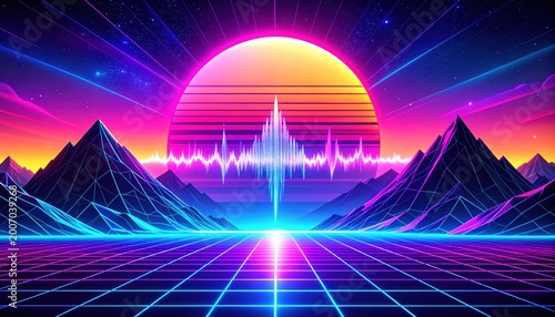 Retro-futuristic cityscape with a neon sun and abstract sound wave visualization