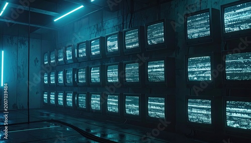 Retro futuristic wall of vintage television screens displaying static in a dark, moody, industrial-style room with neon blue lighting