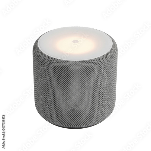 Modern gray fabric covered cylindrical smart speaker or ambient light lamp.