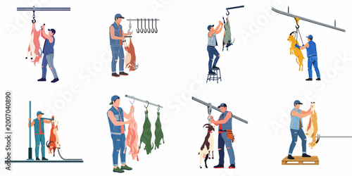 Tableau sur toile Set of illustrations showing slaughterhouse workers processing goat carcasses using industrial hooks and rails, isolated on white background