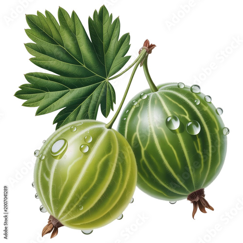Fresh green gooseberry fruits with leaves and water drops isolated on transparent background