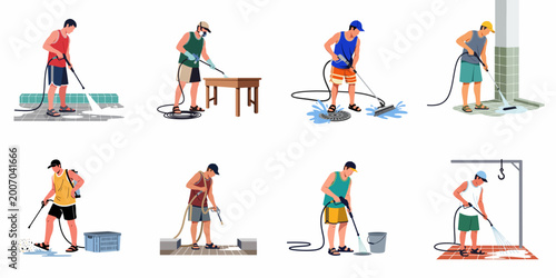 Set of diverse illustrations showing men using high-pressure washers and hoses for various outdoor cleaning and maintenance tasks on a white background.