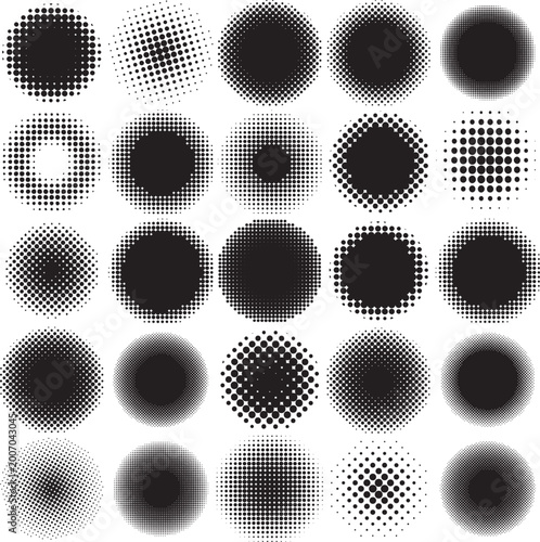 Halftones. Set of round halftone elements for icon backgrounds, information flashes, retail, logos and other uses.