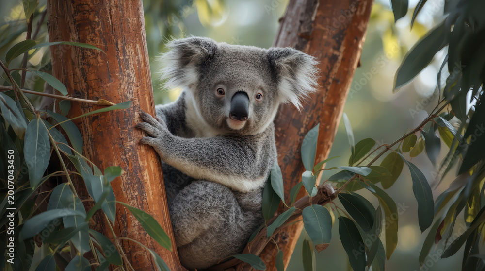 Fototapeta premium Cute koala sitting in eucalyptus tree with soft fur and calm expression