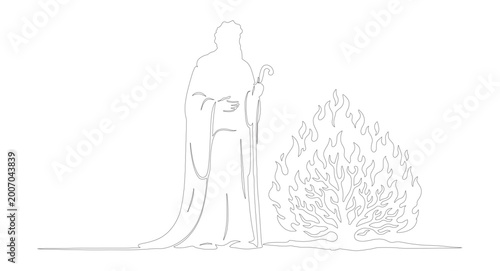 Foto Minimalist continuous line drawing of Moses and the burning bush, biblical proph