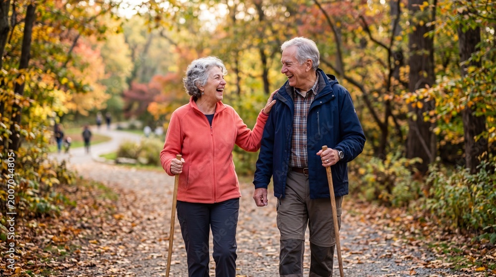 Obraz premium Golden Years Stroll: An elder couple shares a joyful autumn walk through a picturesque forest, basking in the glow of the warm sunlight and vibrant foliage.