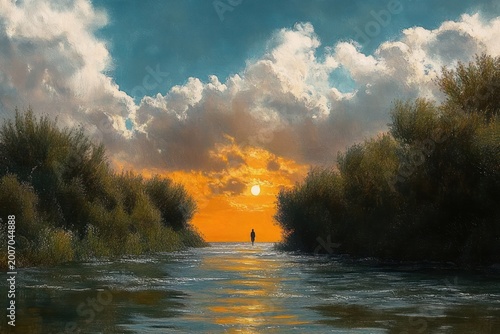 Solitary figure at sunset standing at the water between dense bushes with golden reflections and dramatic cloud-filled sky, evoking calm contemplation