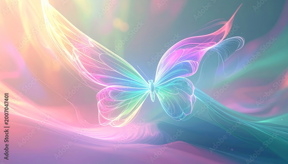 Fototapeta premium Magical and ethereal butterfly with glowing wings in a pastel rainbow-colored fantasy landscape