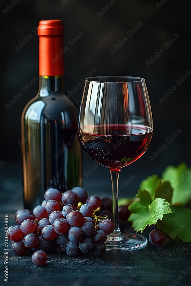 Obraz premium Elegant still life with bottle of red wine, filled wine glass, cluster of ripe grapes and vine leaf on a dark moody background evoking a cozy intimate atmosphere