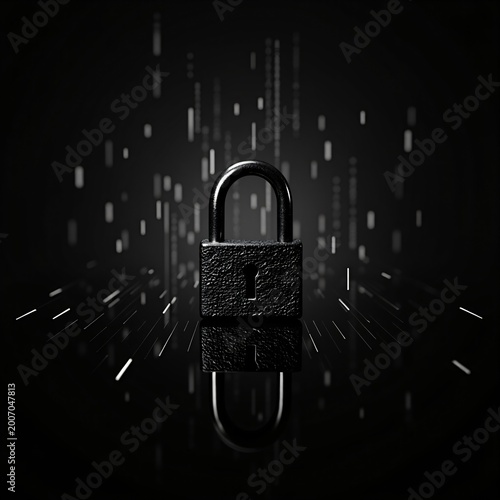 Floating black padlock on dark cyber background with binary rain