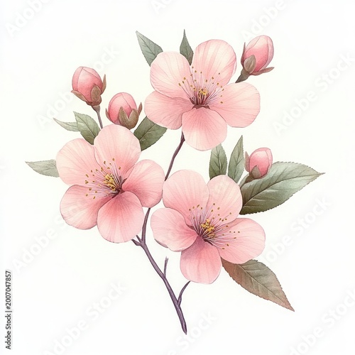 delicate pink cherry blossoms on a slender branch with buds and green leaves, soft serene springtime bloom