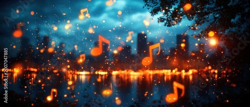Glowing orange musical notes floating above a reflective city waterfront at night with warm bokeh lights, sparkles, tree silhouette and a dreamy magical atmosphere