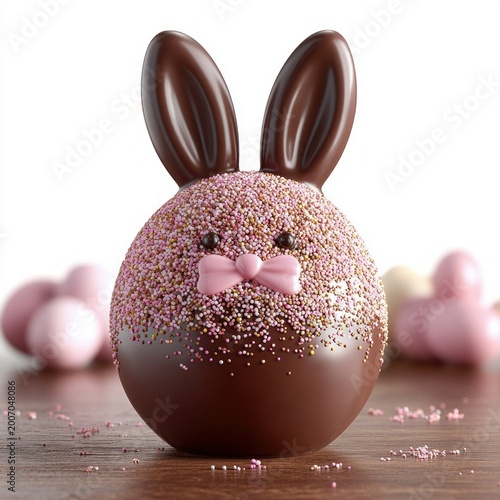 cute chocolate bunny egg with chocolate ears, pink sprinkle-coated top, tiny candy eyes and pink bow on wooden table with pastel eggs, playful festive mood