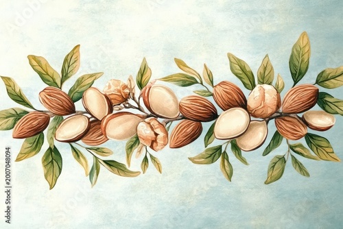 watercolor almond branches with open shells, whole almonds, green leaves and blossoms on a soft blue textured background, evoking calm rustic freshness