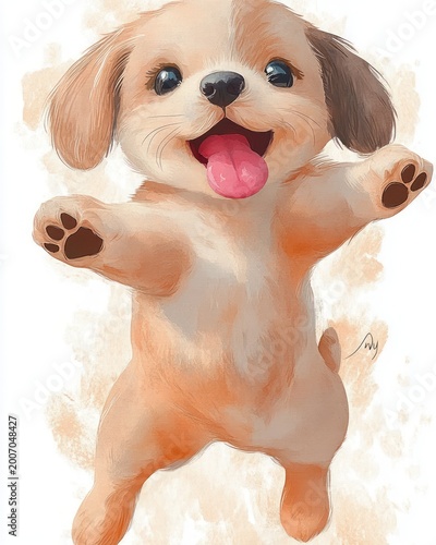 playful floppy-eared puppy leaping upward with outstretched paws and visible paw pads, soft orange-tinted fur and tiny tail against warm watercolor background, face obscured by blurred square, joyful