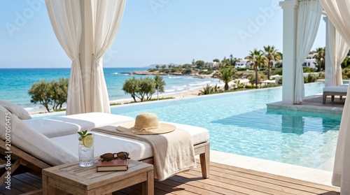 Luxury Infinity Pool Overlooking Tropical Beach Resort with Sun Lounger and Refreshing Drink
