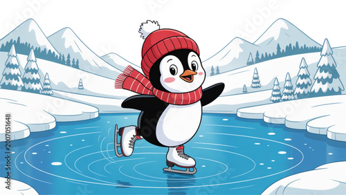 Foto Cartoon character skating on ice with red hat and scarf in winter setting