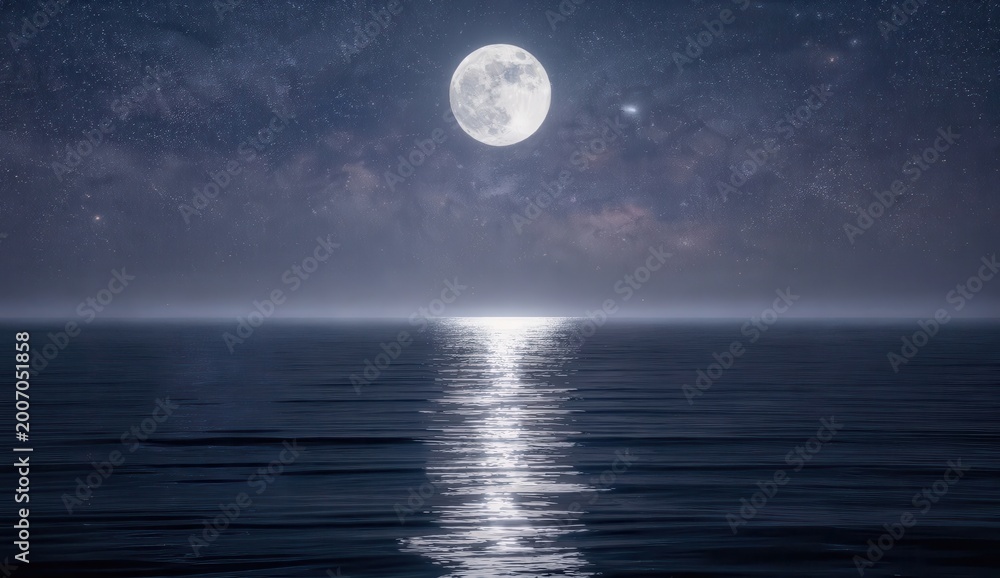Fototapeta premium Moonlight reflects on calm ocean water at night near the shore under a clear sky with stars
