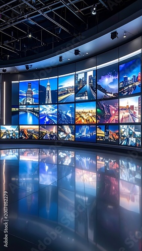 A large room with multiple screens displaying various images