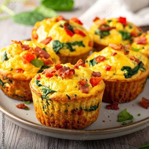 A plate of savory egg muffins with vegetables and bacon