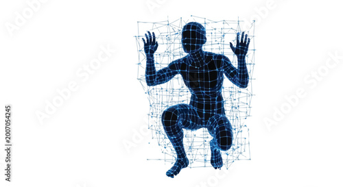 Bild auf Leinwand Human silhouette trapped inside a glowing blue wireframe structure representing