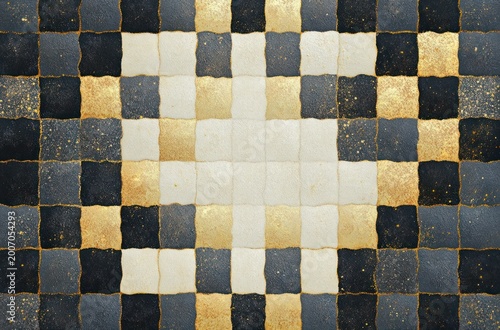 textured mosaic of black, gray, white and gold square tiles forming a radiant central pattern, elegant and luxurious geometric design