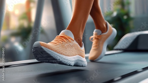 Close-up of bare legs wearing orange running shoes jogging on a treadmill, energetic motion and focused workout in a bright indoor gym