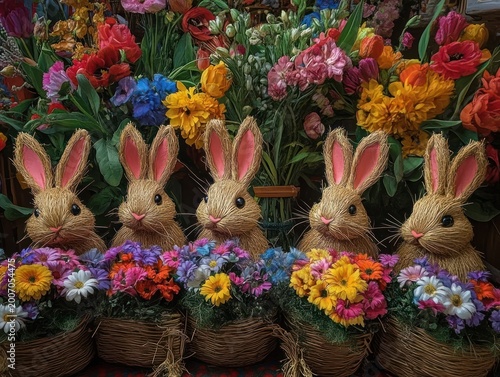 Five straw bunny figurines with pink ears seated in woven baskets overflowing with bright mixed spring flowers and lush bouquets, a cheerful colorful seasonal display