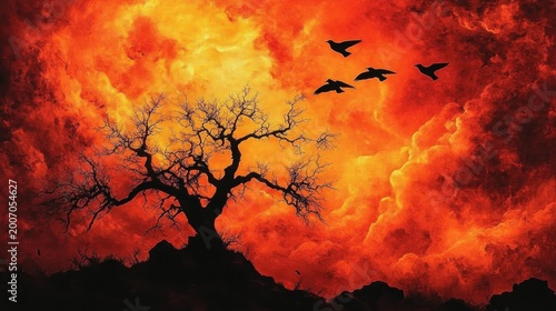 Solitary gnarled tree silhouette on rocky mound beneath a blazing orange sky with dramatic clouds and flying birds, evoking desolation and awe