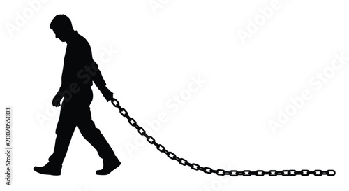 Schilderij op canvas Silhouette of a sad man walking slowly while dragging a heavy long metal iron ch